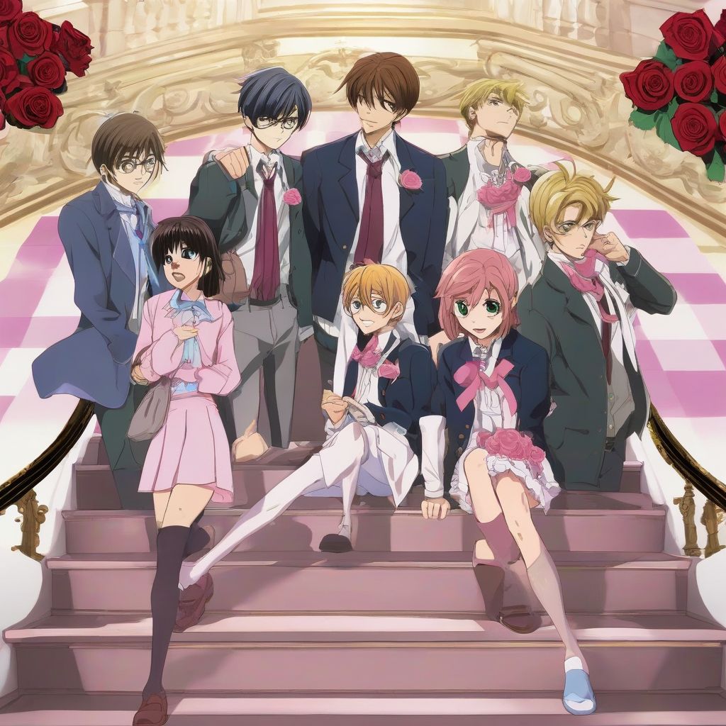 A group of stylish anime characters stand together, smiling brightly.